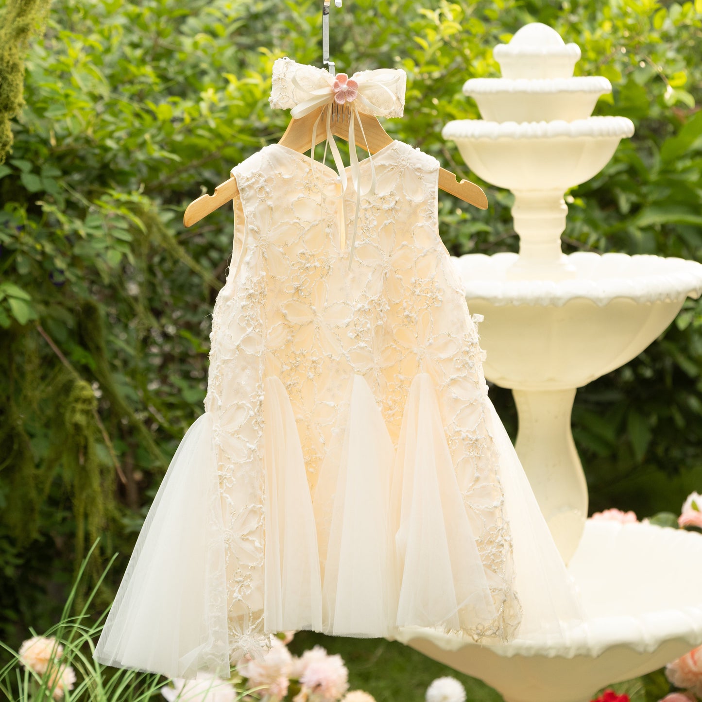 Sofia Dress - Elegant Lace Dress with Pearl Collar and Tulle Hem