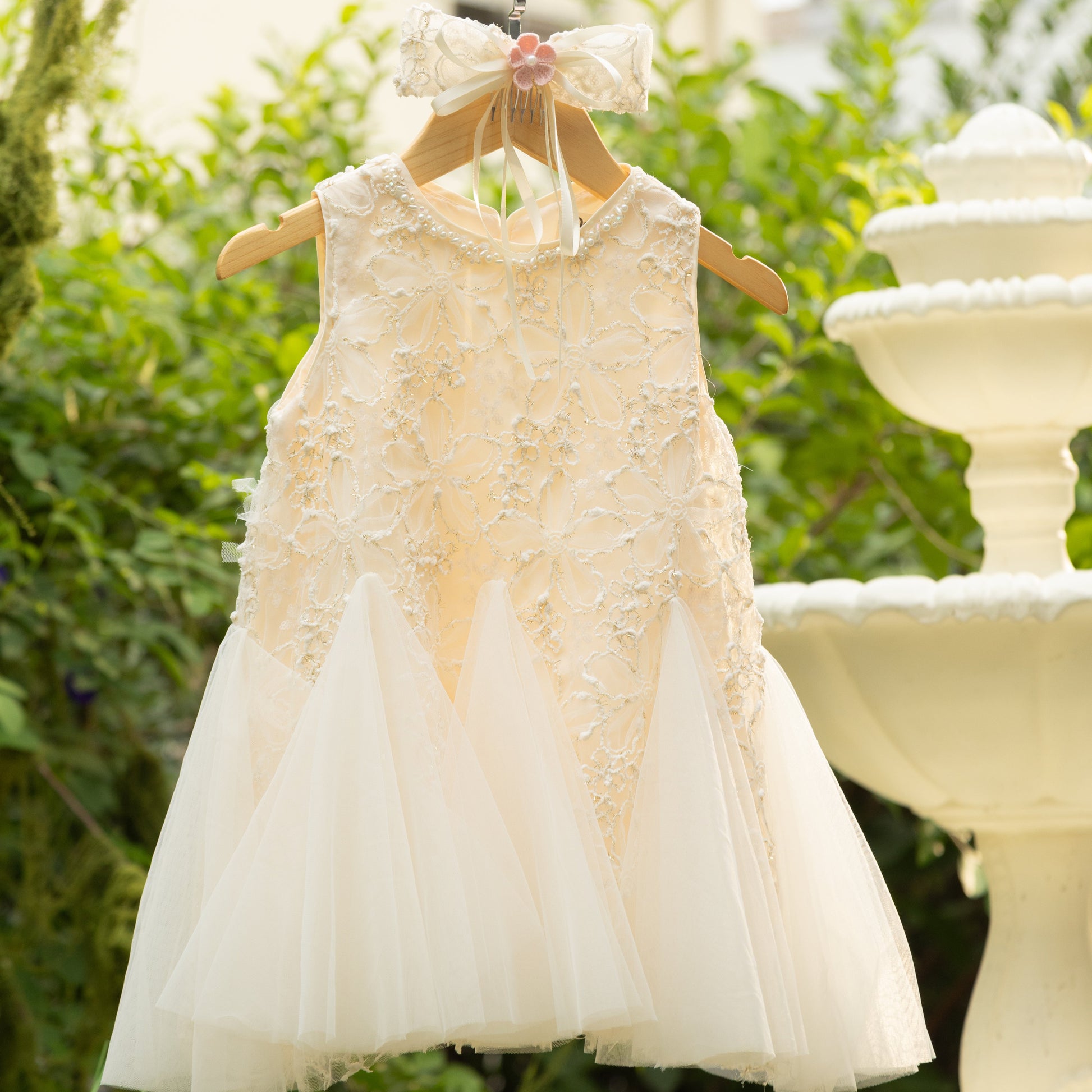 Sofia Dress - Elegant Lace Dress with Pearl Collar and Tulle Hem Pink / 1 Sofia Dress - Elegant Lace Dress with Pearl Collar and Tulle Hem Pink / 1