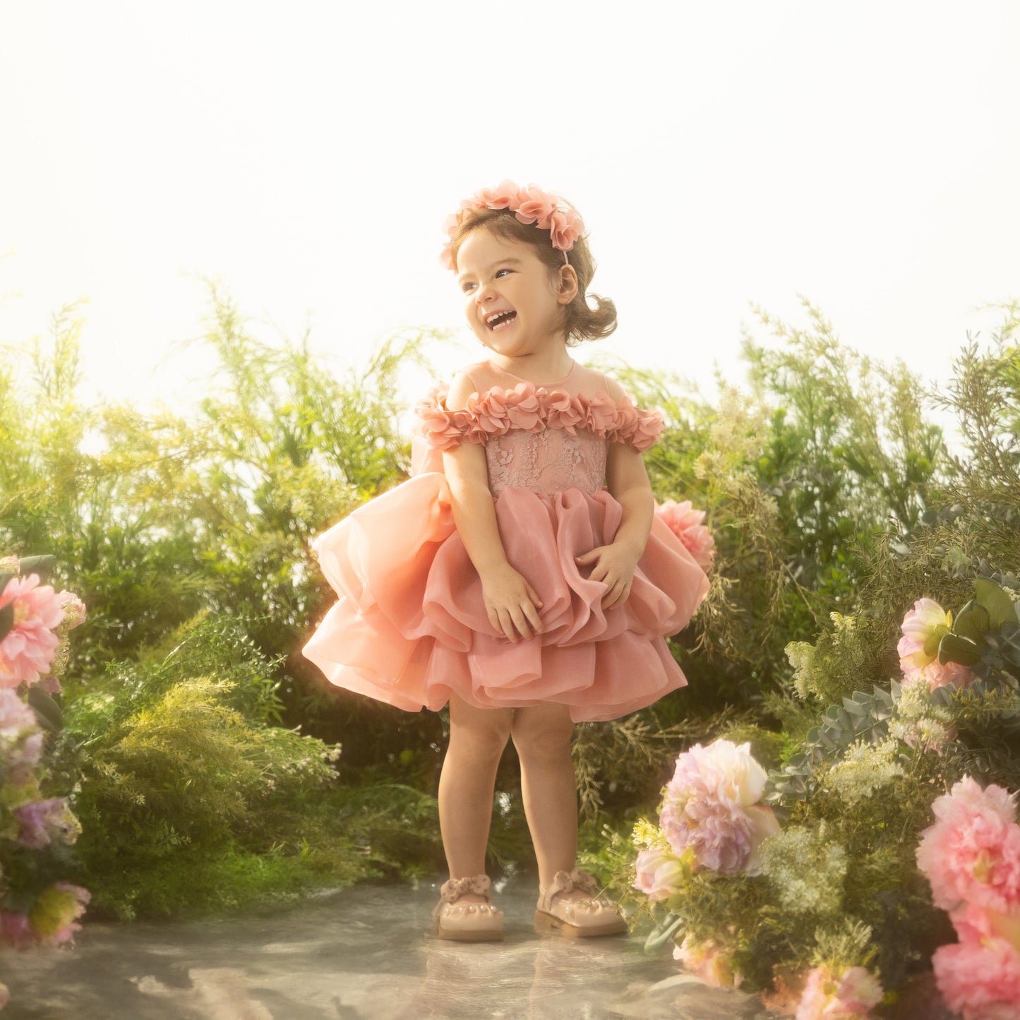 Grace Pink Baby & Toddler Dress – Off-Shoulder Party, Birthday, Wedding Outfit with Headband