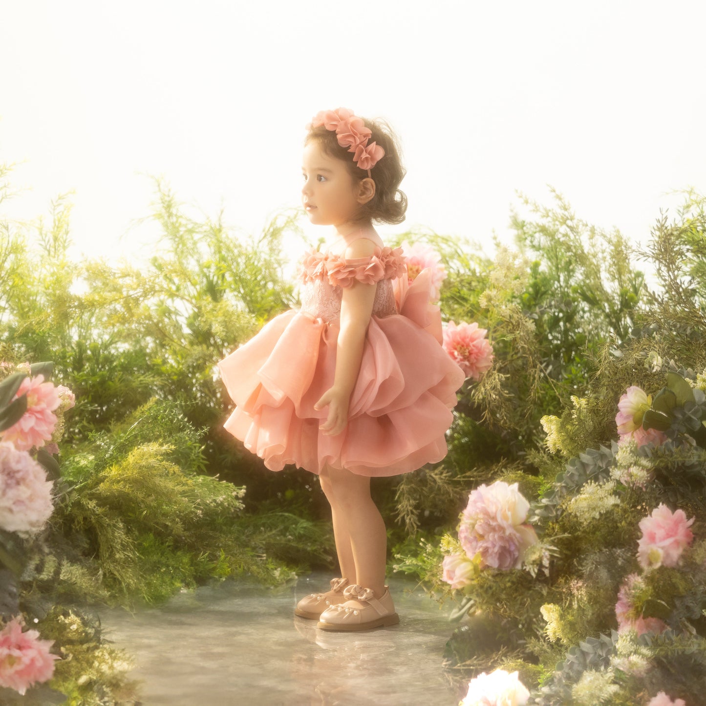 Grace Pink Baby & Toddler Dress – Off-Shoulder Party, Birthday, Wedding Outfit with Headband