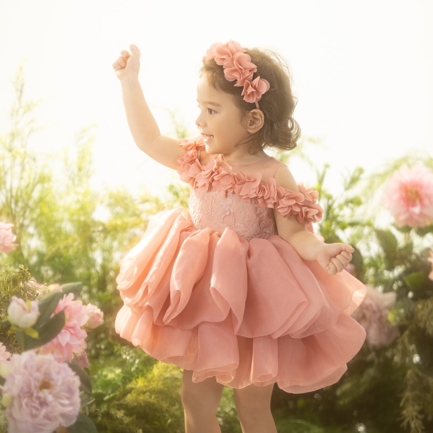 Grace Pink Baby & Toddler Dress – Off-Shoulder Party, Birthday, Wedding Outfit with Headband