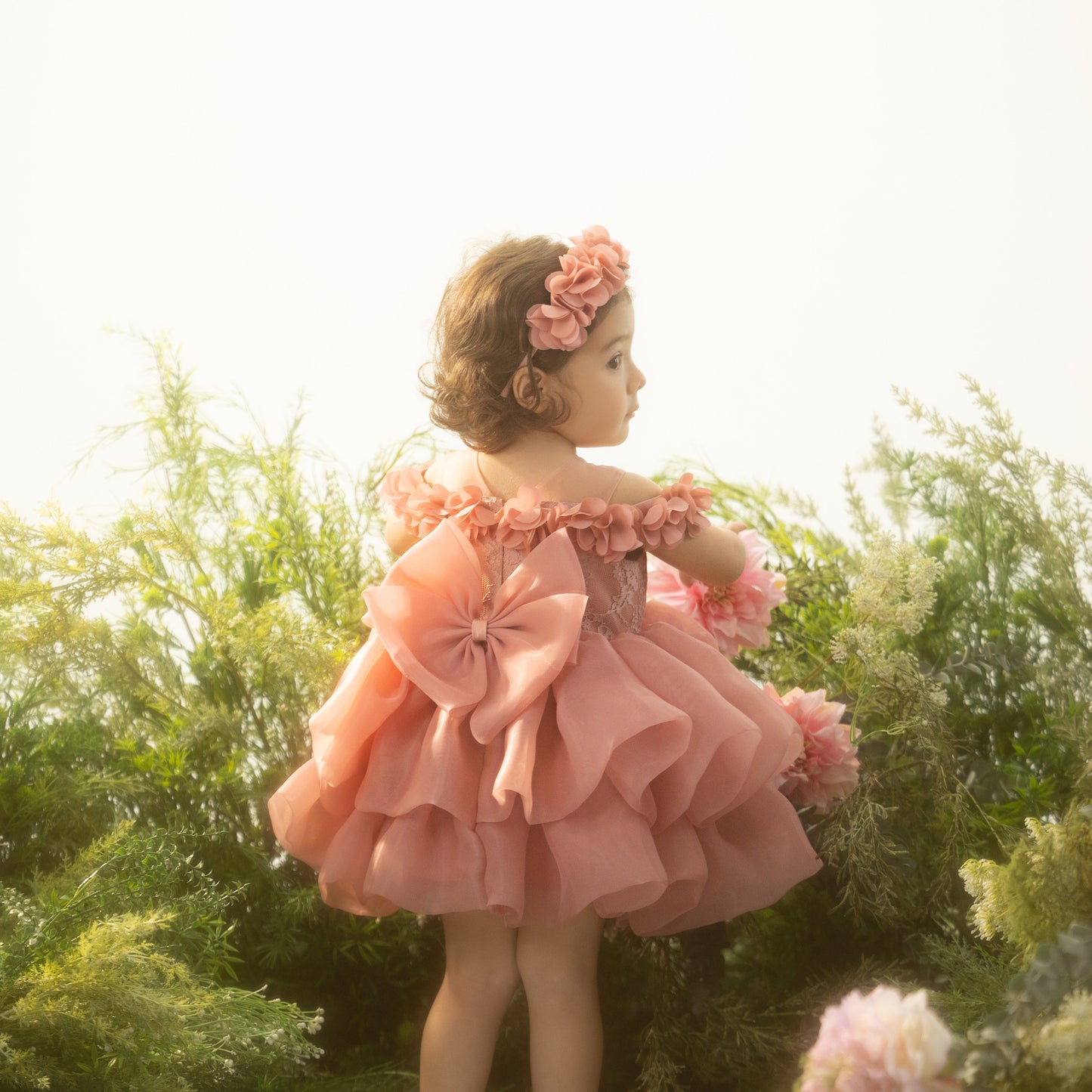 Grace Pink Baby & Toddler Dress – Off-Shoulder Party, Birthday, Wedding Outfit with Headband